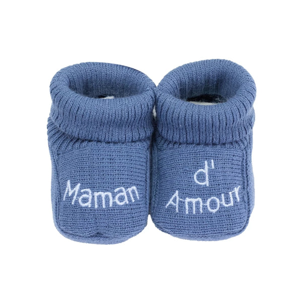 Chaussons bébé "Maman d'Amour" bleu TROIS KILOS SEPT