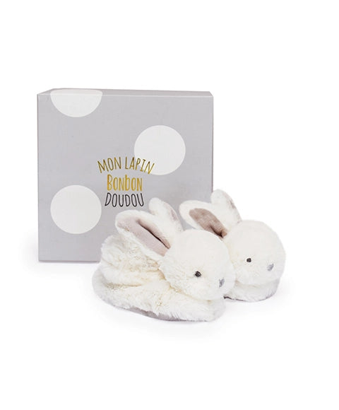 Coffret cadeau naissance chaussons lapin taupe avec hochet - 0/6 mois